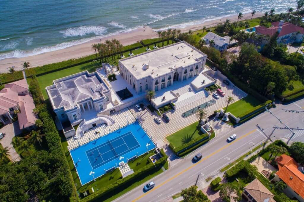 Drone photo of a commercial sport court design with a blue basketball court